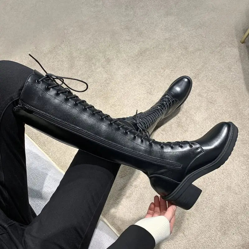 Ingvn  Footwear Long Ladies Boots Elegant Heeled High Heels Shoes for Women Lace-up Winter Knee Shaft with Laces White Spring Autumn Pu