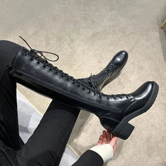 Ingvn  Footwear Long Ladies Boots Elegant Heeled High Heels Shoes for Women Lace-up Winter Knee Shaft with Laces White Spring Autumn Pu