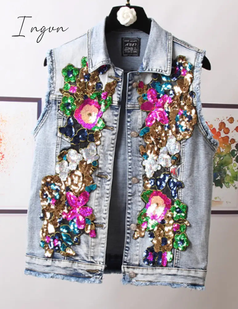 Ingvn - European Style Denim Suit Fashion Outfit Women New Flower Sequined Denim Jacket Short Jacket &amp; Jeans Pants Two-Piece Set Female