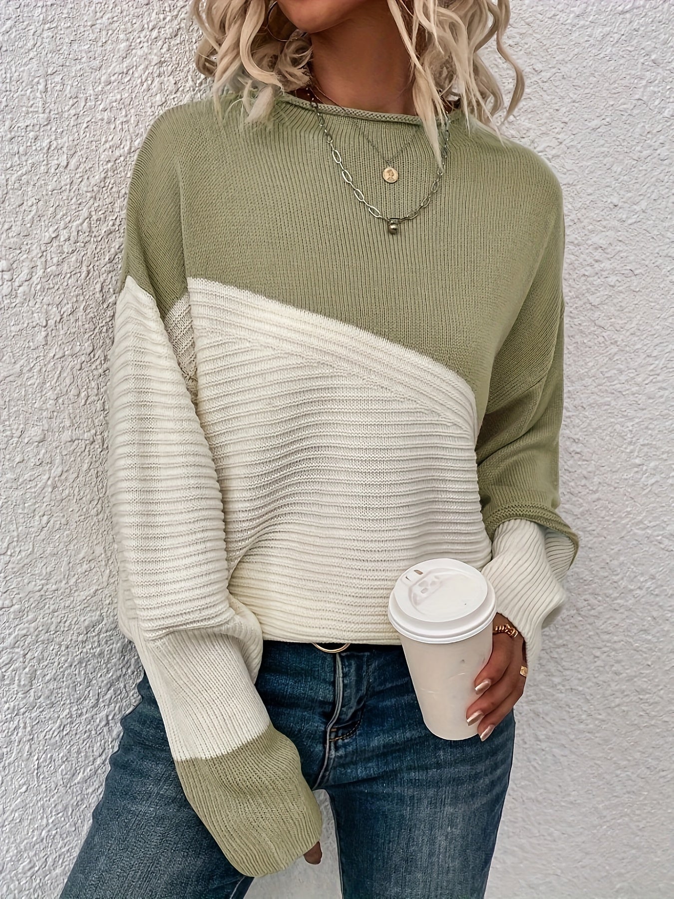 Stylish Color Block Crew Neck Sweater - Pullovers for Women - Soft, Elegant, and Cozy Drop Shoulder Long Sleeve Sweater for Fall and Winter Seasons