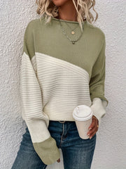 Stylish Color Block Crew Neck Sweater - Pullovers for Women - Soft, Elegant, and Cozy Drop Shoulder Long Sleeve Sweater for Fall and Winter Seasons