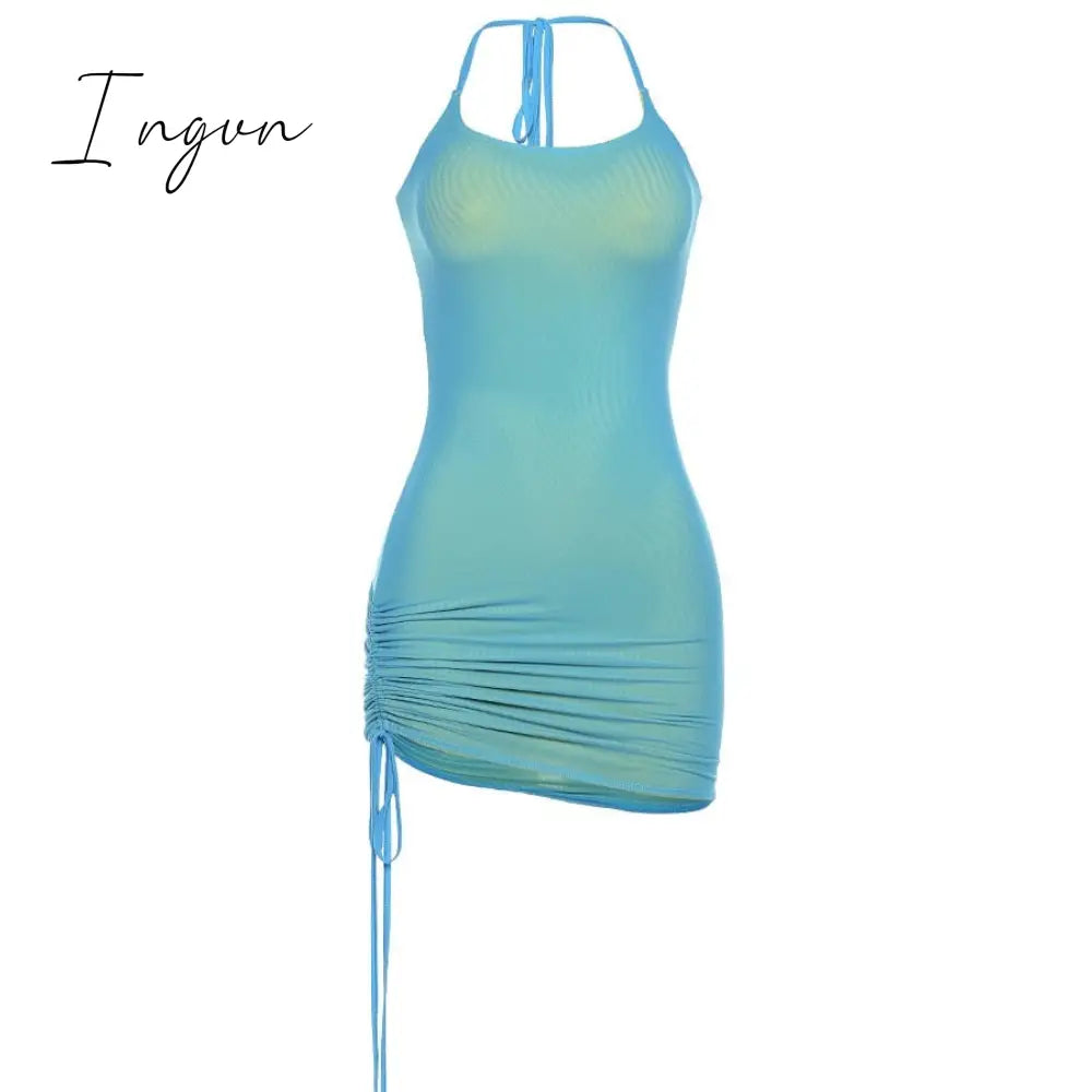 Ingvn - Solid Color Drawstring Women Party Dress Strap Sleeveless Halter Bodycon Club Fashion Skinny Summer Sexy Mini Dresses