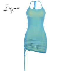 Ingvn - Solid Color Drawstring Women Party Dress Strap Sleeveless Halter Bodycon Club Fashion Skinny Summer Sexy Mini Dresses