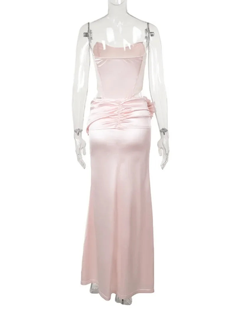Fashion Strapless Satin Birthday Party Dresses for Women Pink Sleeveless Backless Folds Long Evening Dress Lady Split Prom Gowns