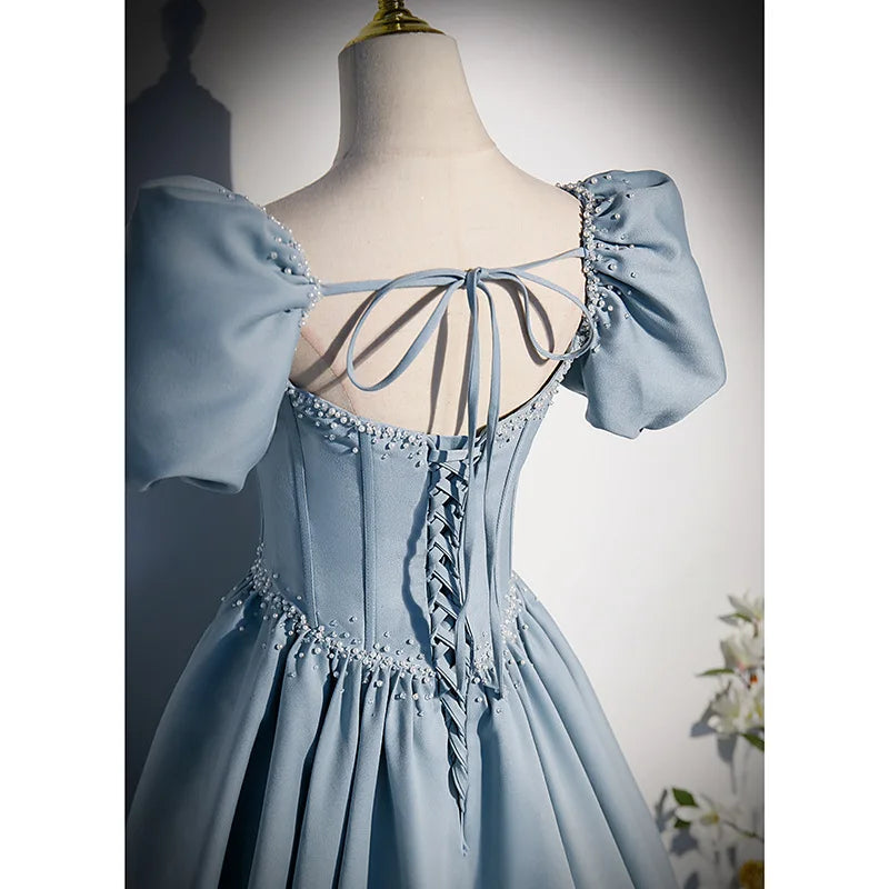 New light blue sweet long floor length lady girl women princess banquet party ball prom performance dress gown