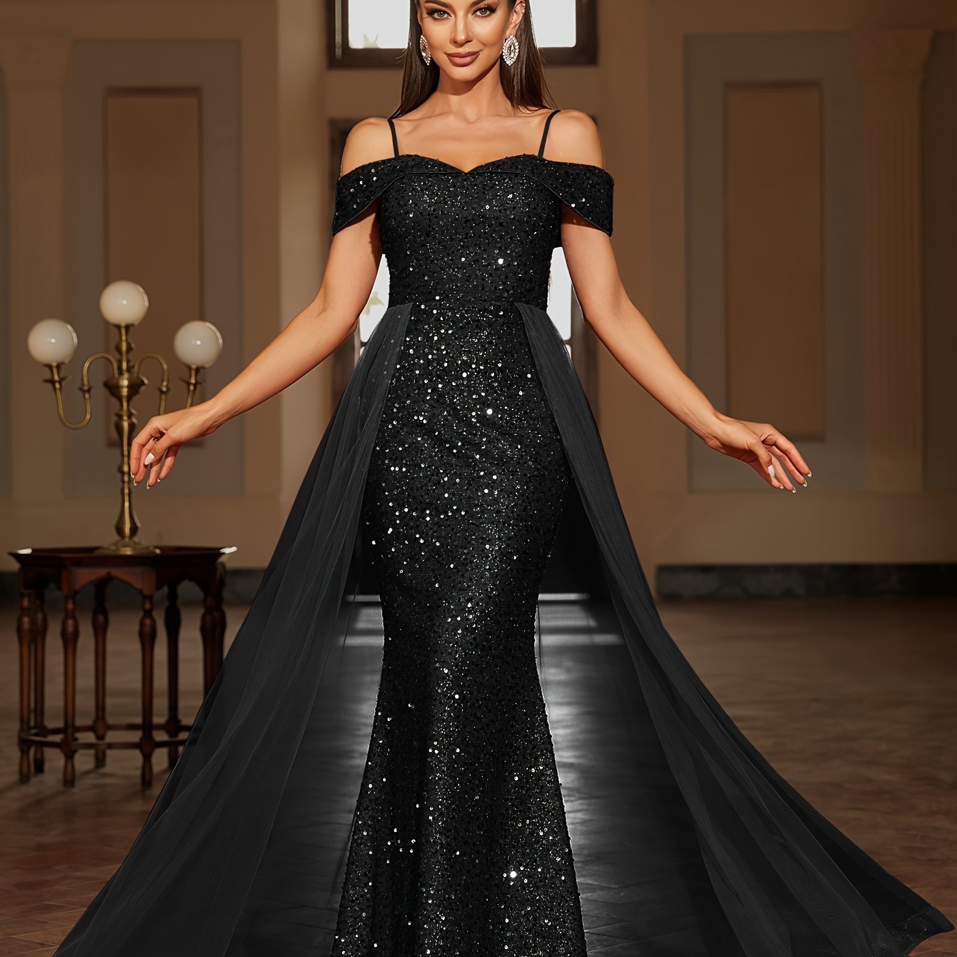 Sequined Contrast Mesh Cold Shoulder Asymmetrical Dress, Elegant Bodycon Dress For Party & Banquet, Women's Clothing