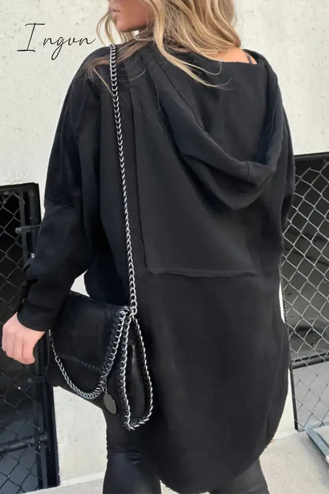 Ingvn - Casual Solid Pocket Slit Hooded Collar Tops