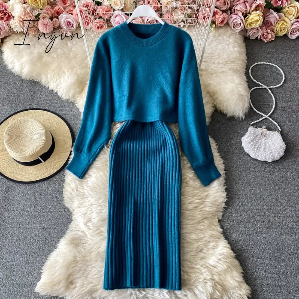 Ingvn - New Fashion Autumn Winter Women's Thicken Warm Knitted Pullover Sweater Two-Piece Suits +High Waist dress Set