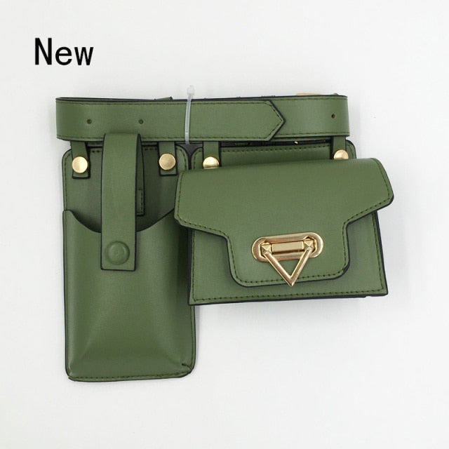 2 Piece Women's Belt Bag Luxury Designer Tactical Waist Bags Female Leather Flap Fanny Pack Shoulder Crossbody Chest Bag Purse