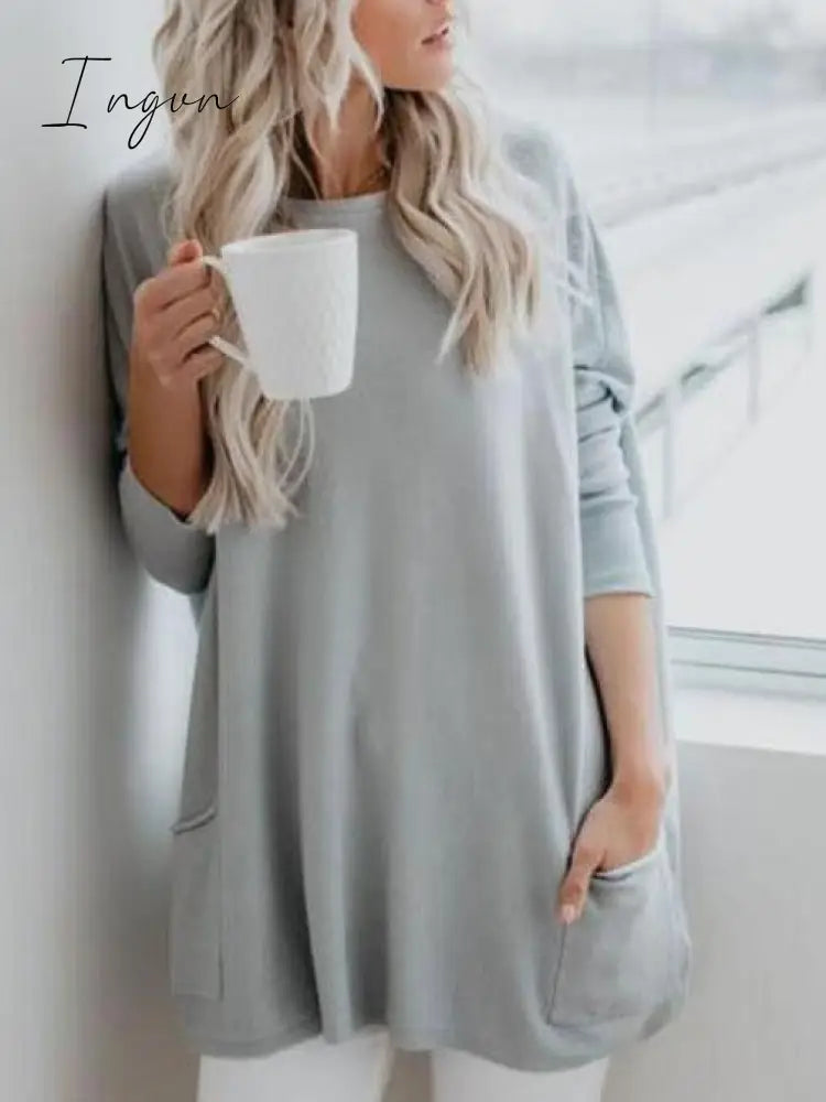Ingvn - Casual Pockets Long Sleeve Solid Tops