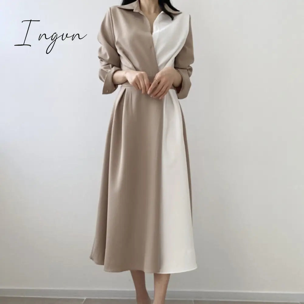 Ingvn - Spring Autumn Retro Temperament Contrast Color Lapel Long-Sleeved Shirt Female Midi Dress Korean Elegant Fashion Slim Chic Dress