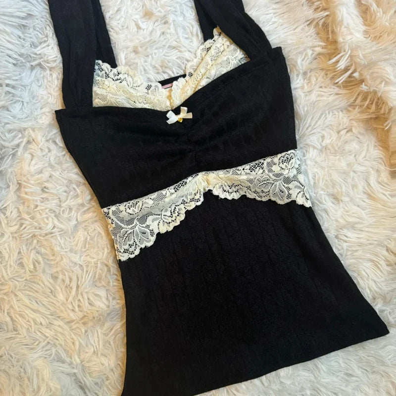 90s Vintage Cutest Lace Trim Camis Women Aesthetic Grunge Slim Fit Milkmaid Vest 00s Retro Y2k Cottage Crop Top Coquette Clothes