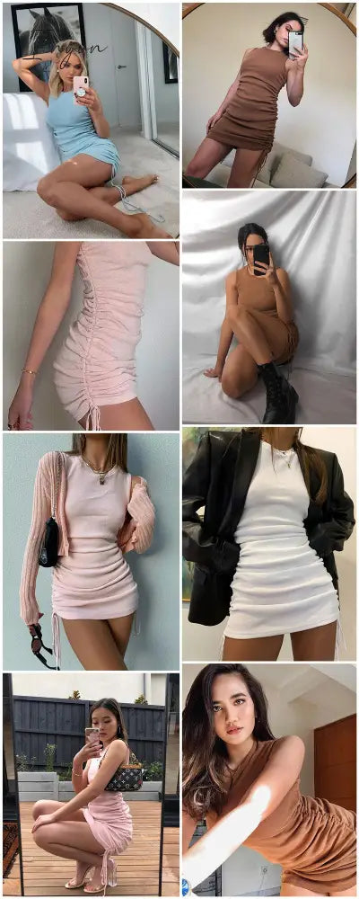 Ingvn - Cotton Ruched Drawstring Sexy Party Dress Women Sleeveless Elastic Mini Dress Vintage Summer Bodycon Club Wear Vestidos