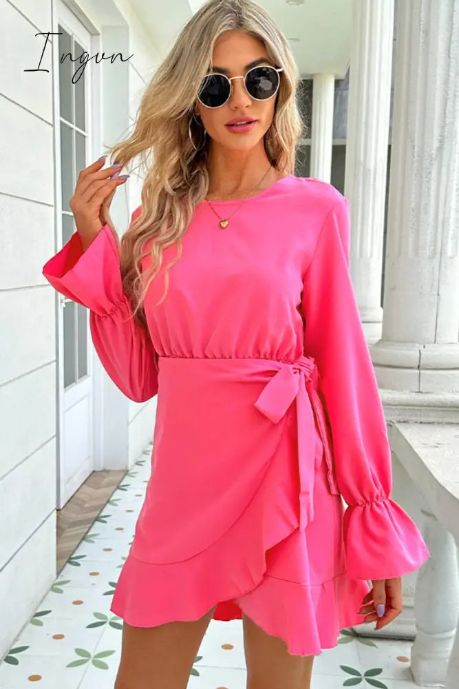 Ingvn - Round Neck Flounce Sleeve Ruffle Hem Mini Dress