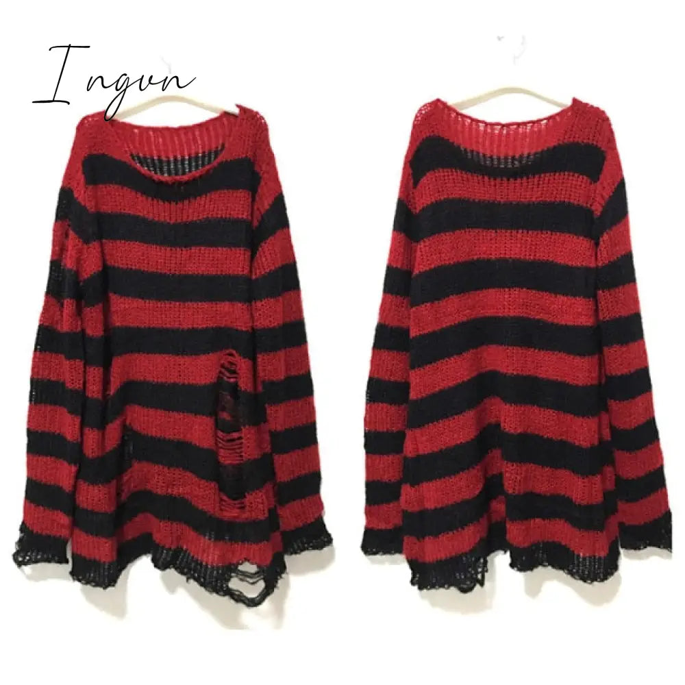 Ingvn - Punk Gothic Long Unisex Sweater  Summer Women Striped Cool Hollow Out Hole Broken Jumper Loose Rock Thin Dark Streetwear Top