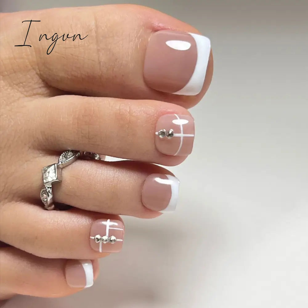 Summer Classic White French False Foot Nails Flash Toenail Press On Short Square Fake Toe Nails Silver Diamond Glitter Nail Tips