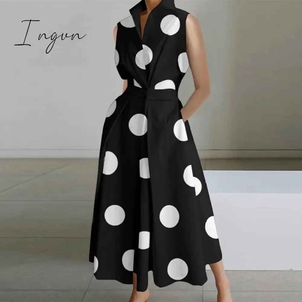 Ingvn - Vintage Abstract Print Boho Long Dress 2023 Spring Waist Buttoned Lapel Shirt Dress Women Short Sleeve A-Line Summer Beach Dress