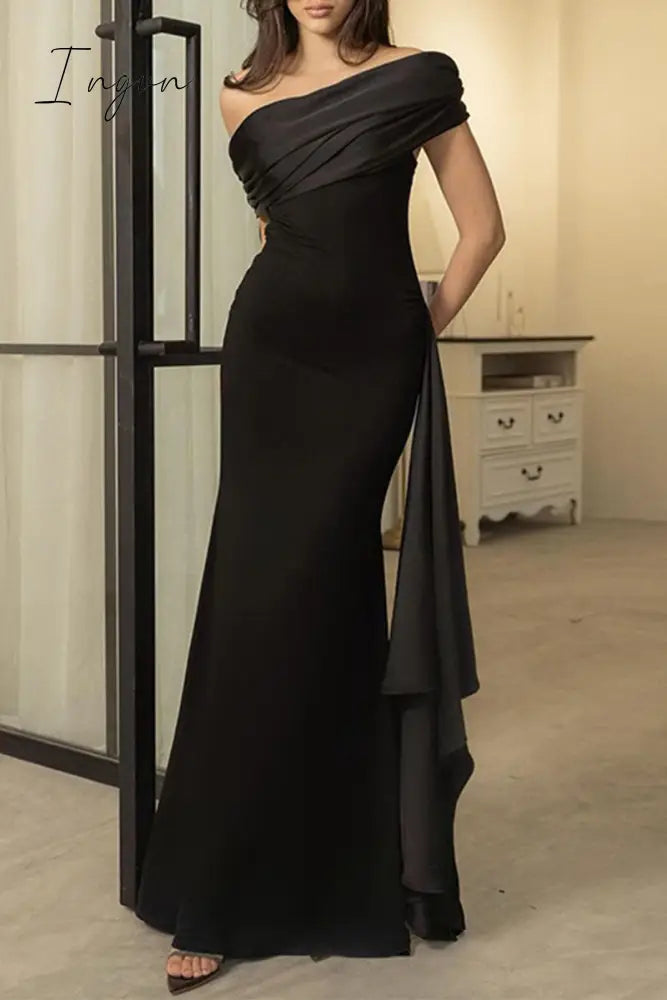 Sexy Formal Solid Mesh Oblique Collar Evening Dresses