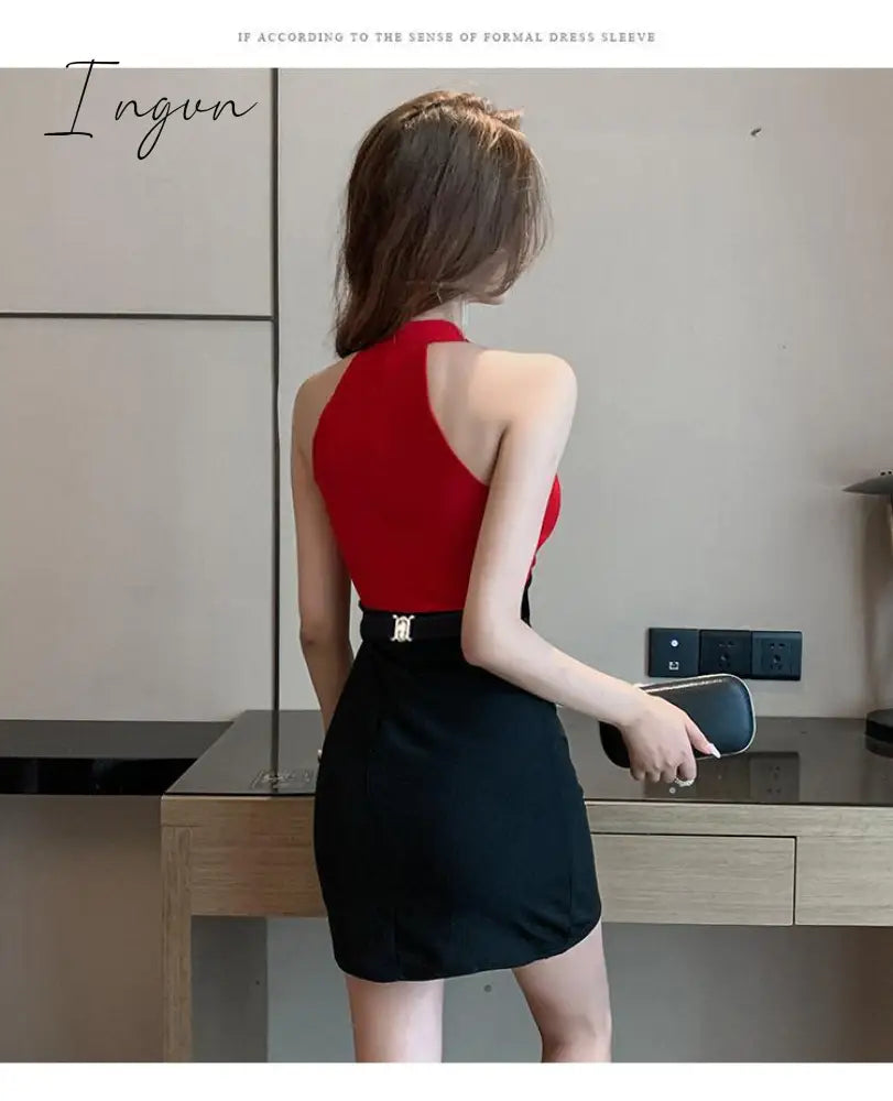Ingvn - Summer New Women's Fashion Sexy V-Neck Design Tight Sleeveless Short Dress Elegant Slim Office Ladies Contrast Color A-line