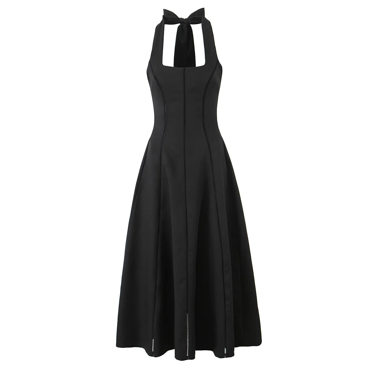 Vintage Elegant Black White Halter Midi Long Dresses Women A-line Slim Sexy Backless Dress Female Summer Party Robe