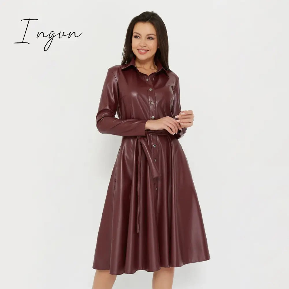 Ingvn - Winter Casual Sashes Pu Leather A-Line Dresses Women Turn-down Collar Long Sleeve Solid Color Knee Dress Office Lady Wear