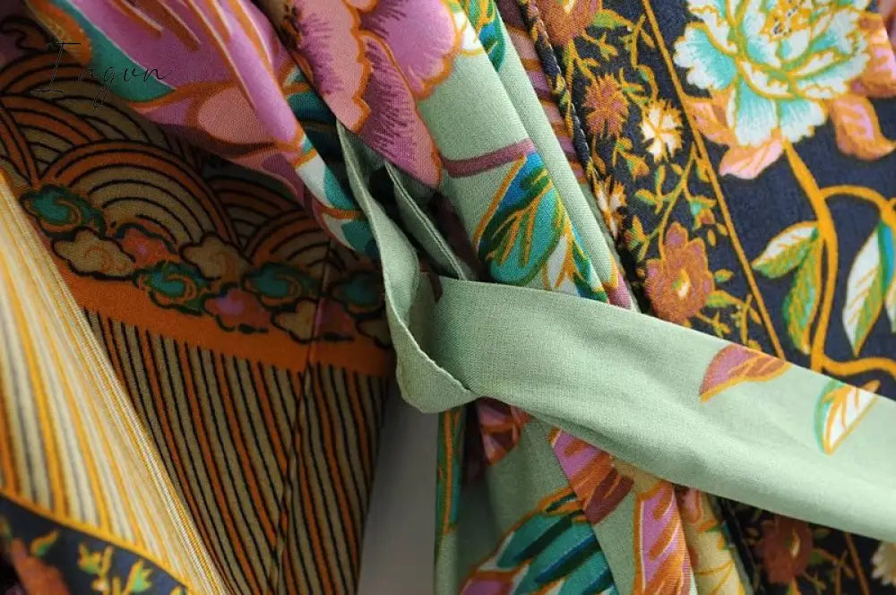 Ingvn - women peacock floral print bat sleeve beach Bohemian Kimono robe Ladies V neck Tassel Summer happie dress vestidos