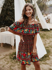 Ingvn - Bohemian Print Off-Shoulder Strapless Knee Length Dress