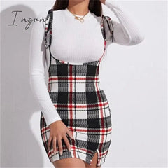 Ingvn - Fashion Women Dress Check Dog Tooth Frill Ruffle Pinafore High Waist Bodycon Party Mini Dress Holiday Casual Slim Dress vestidos
