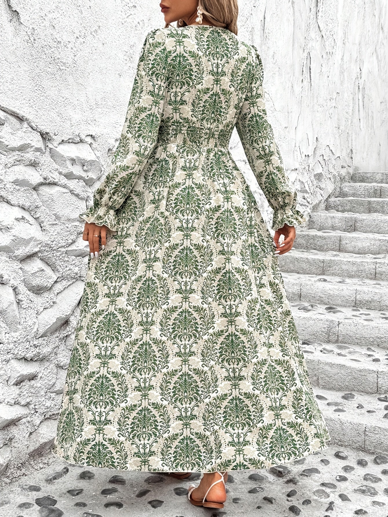 Paisley Print V Neck A-line Dress, Elegant Cinched Long Lantern Sleeve Dress For Spring & Fall, Women's Clothing