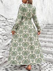 Paisley Print V Neck A-line Dress, Elegant Cinched Long Lantern Sleeve Dress For Spring & Fall, Women's Clothing