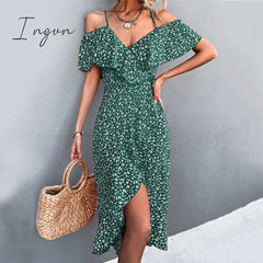 Ingvn - Ladies Spring Summer Sexy Straps Dress Women Green Off Shoulder Ruffles Casual Beach Dresses Female Floral Print Dress