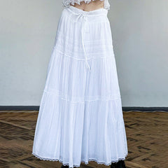 Lace stitching versatile slimming large swing super long dress holiday style casual loose lace-up low waist hot girl solid color skirt