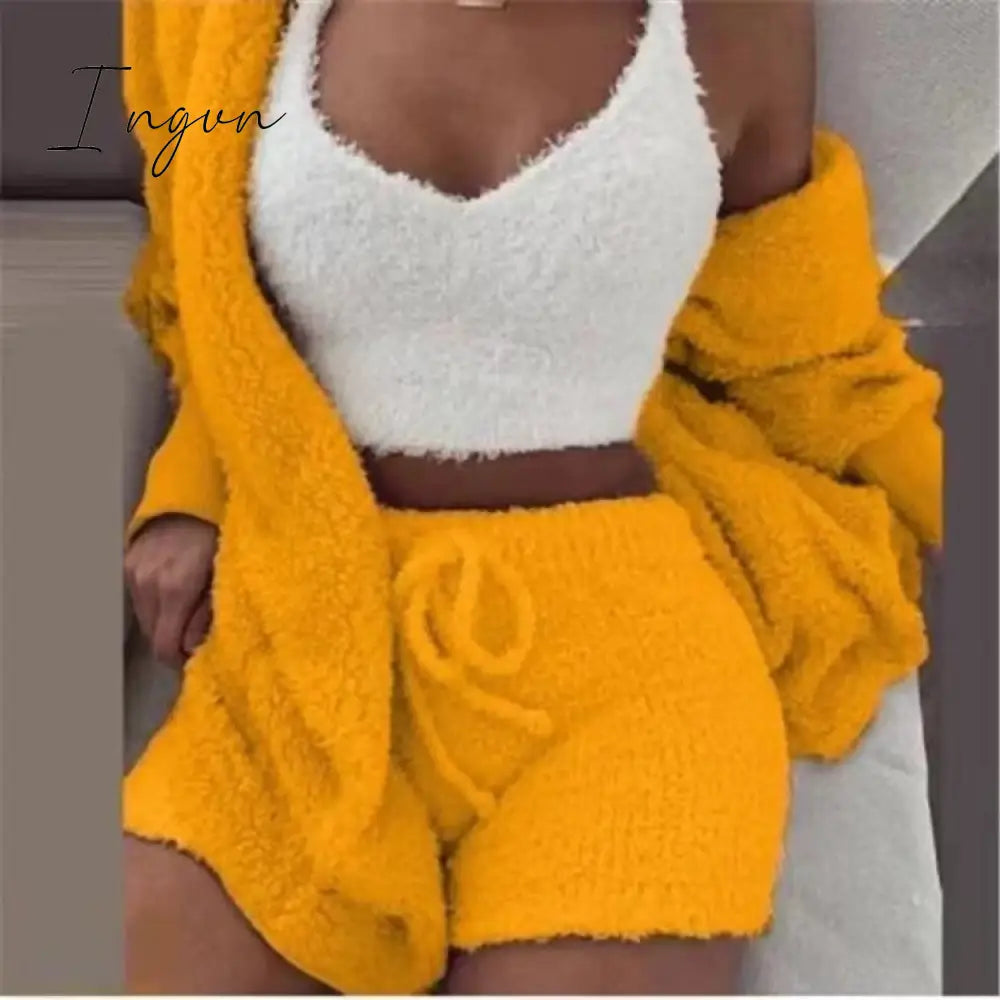 Ingvn - Brand quality Autumn Winter 3 Piece Fluffy Outfits Plush Sexy Backless Fleece Pyjamas Women Casual Sports Sweatshirt Home Wear Sets Tracksuit
