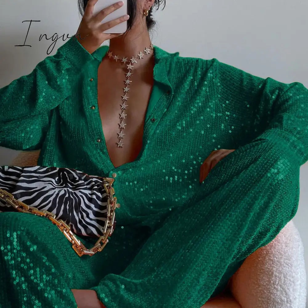 Ingvn - Sparkly Two-piece Set Party Outfits For Womens Sequin Top Blouse Shirt And Pants Suit Female Luxury Evening Tracksuit New
