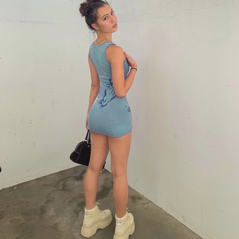 Bold Shade Street Style Women Summer Dress Indie Casual Fashion Graphic Printing  Mini Dresses Sleeveless Bodycon Clothes