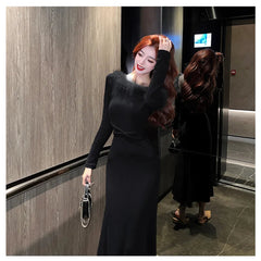 Korean Sexy Patchwork Long Sleeve Knitted Midi Dresses for Women Autumn New Elegant Party Bandage Sweater Female Clothing