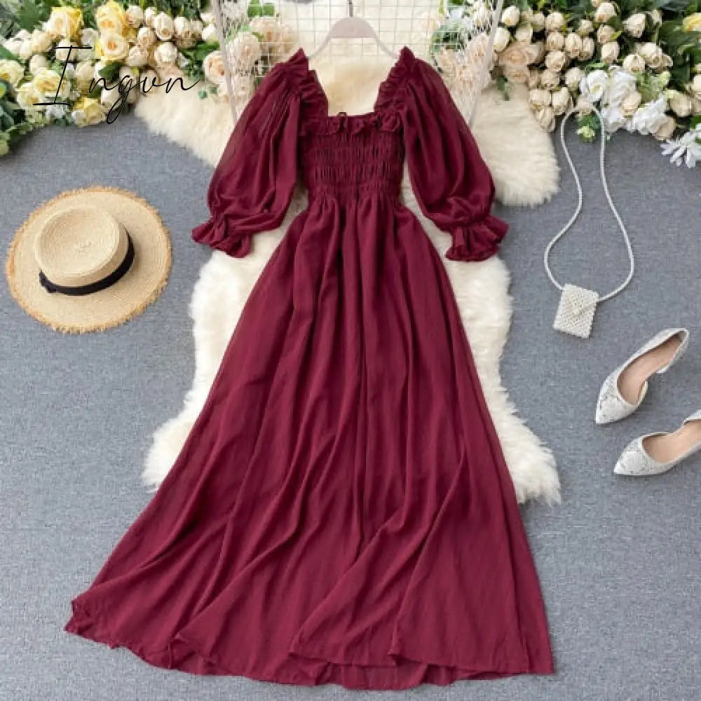 Ingvn - Summer Beach Chiffon Long Dress Elegant Solid Lantern Sleeve High Waist Women Maxi Dress Party Club Ladies Vestidos New