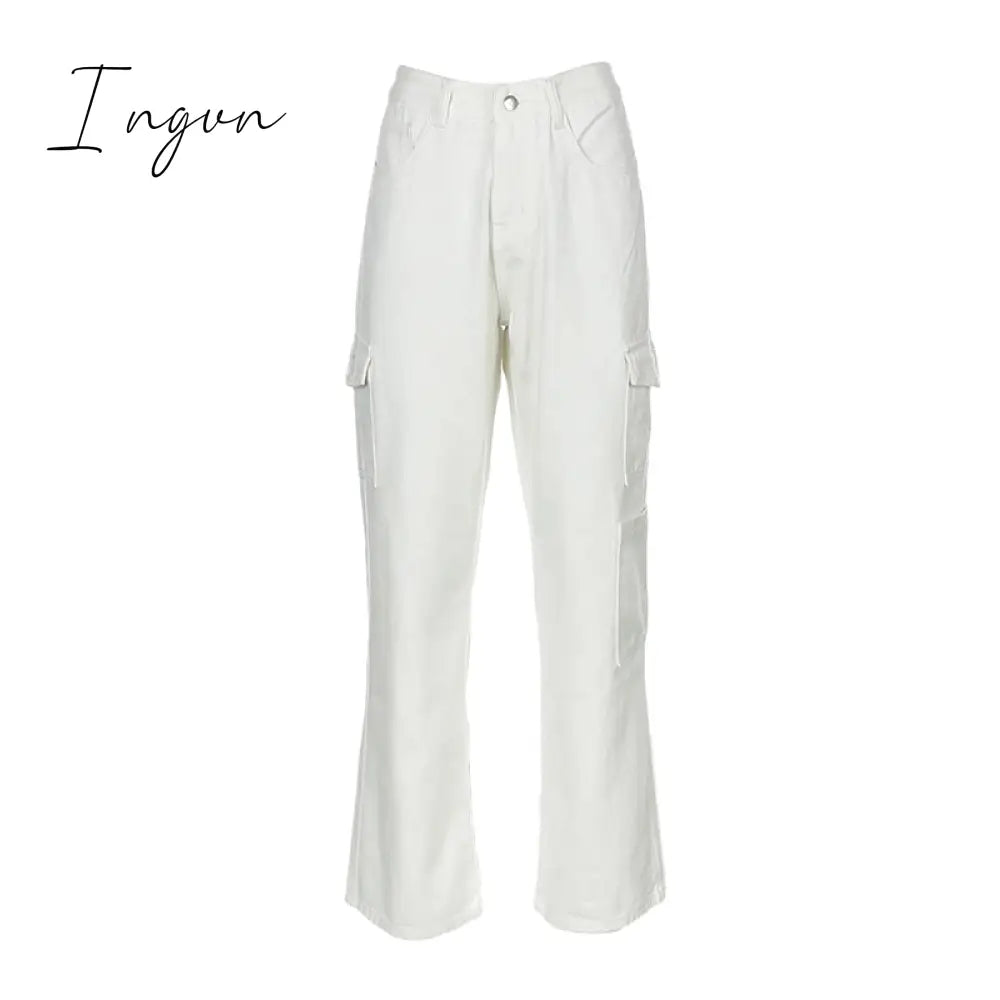Ingvn - Fashion Streetwear Women Jeans Pocket High Waist Jeans Korean Casual Straight Harajuku Denim Pants Baggy New Cargo Pants