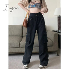 Ingvn - Cargo Pants for Women 2023 New High Waisted Pockets Korean Baggy Wide Leg Pants Streetwear Casual Full Length Pants