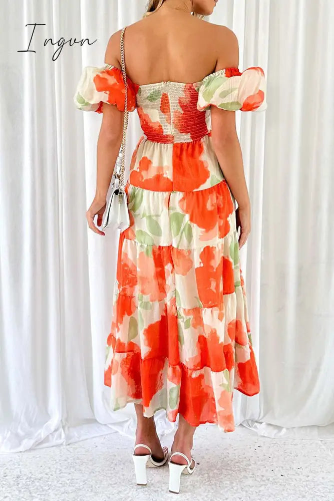 Ingvn - Sweet Elegant Floral Hollowed Out Off the Shoulder Printed Dress Dresses