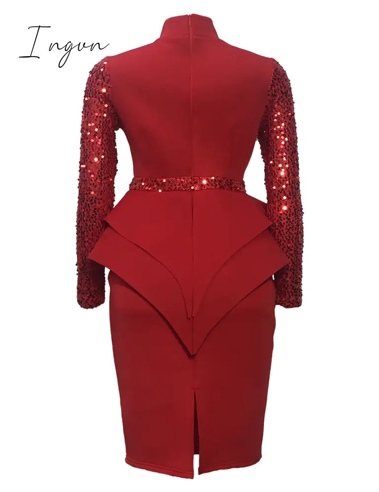 Ingvn - New arrival spring sexy lady 3 colors mid dress zipper fly ruffles bud dress full sleeve slivers office lady new dress