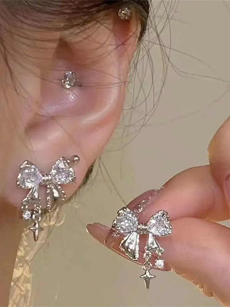 INGVN  Y2K Bowknot Zircon Stud Earrings for Women Fashion Korean Silver Color Pink Crystal Personality Earring Girl Party Jewelry Gifts