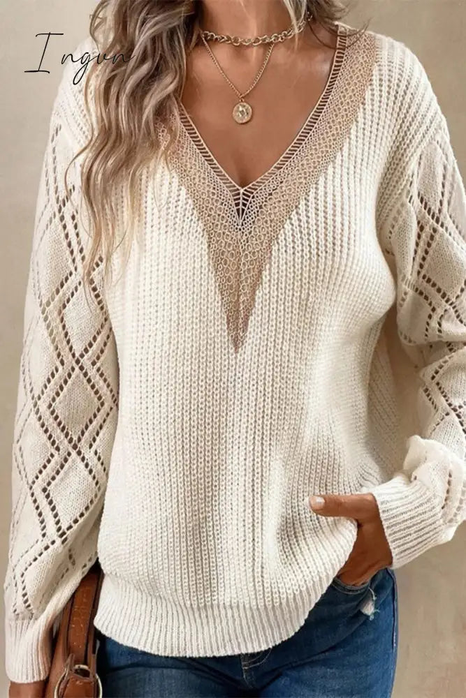 Ingvn - Casual Simplicity Solid Lace V Neck Tops