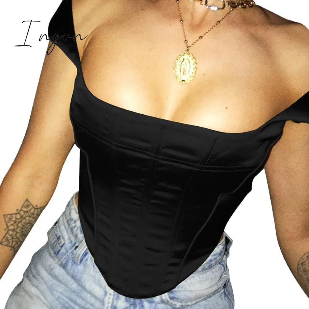 Ingvn - Tube Tank Top Girls Satin Corset Crop Tops Women Green Y2K Sleeveless Tee Black Backless Club Cami Summer Sexy Party