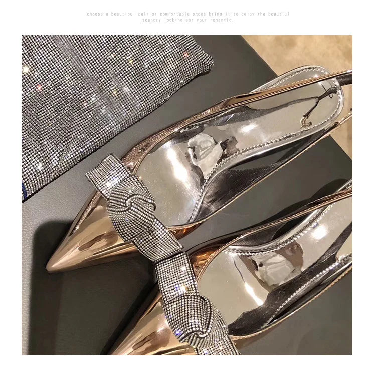 High Heels Silver Rhinestone Pointed Toe Women's Pumps Shoes Back Strap 6cm  Heels Women's Rhinestone Bow Baotou Heels Women