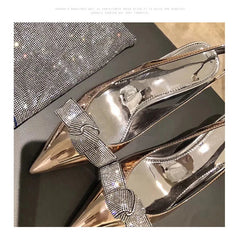 High Heels Silver Rhinestone Pointed Toe Women's Pumps Shoes Back Strap 6cm  Heels Women's Rhinestone Bow Baotou Heels Women