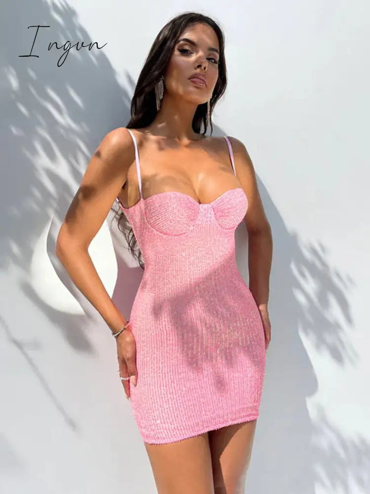 Ingvn - Fashion Sequins Skinny Mini Dress Women Spaghetti Strap Sleeveless Backless Slipdress Glitter Sparkle Sexy Club Dress
