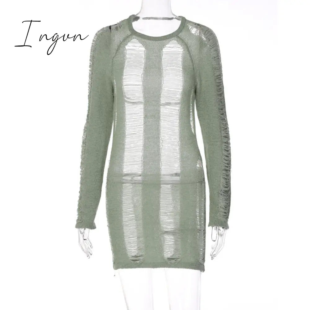 Ingvn - Fashion Trends Round Collar See Through Dress Women Sexy Long Sleeve Elegant Beachwear Hollow Out Backless Knitted Female Dress Summer