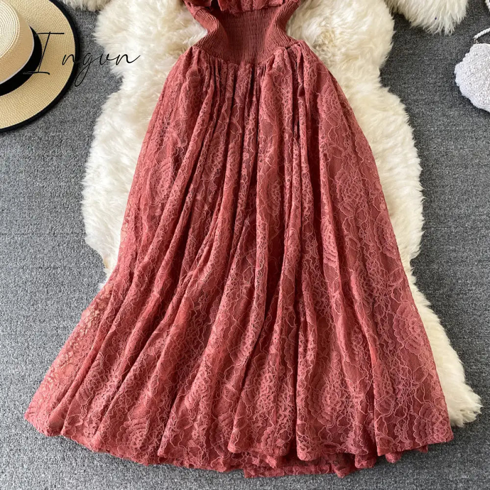 Ingvn - Vintage Purple/Green/Red Lace Midi Dress Women Sweet Round Neck Ruffle Vestidos Female High Waist Slim Robe Spring Autumn