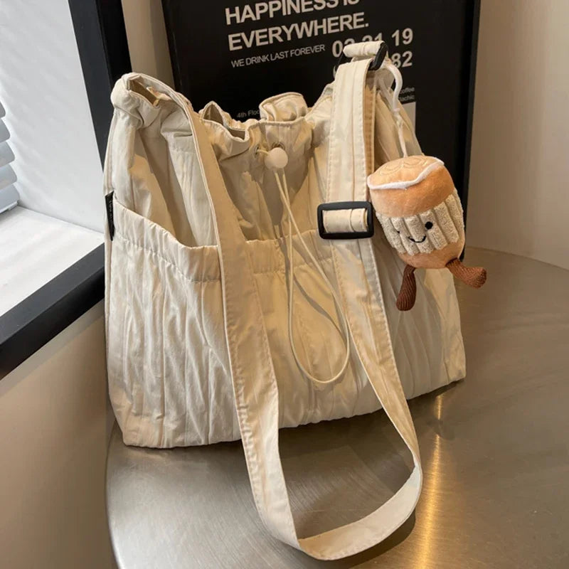 Ingvn  Simple Pleated Women's Shoulder Bag Soft Nylon Ladies Crossbody Bags Vintage Large Capacity Female Tote Drawstring Handbags
